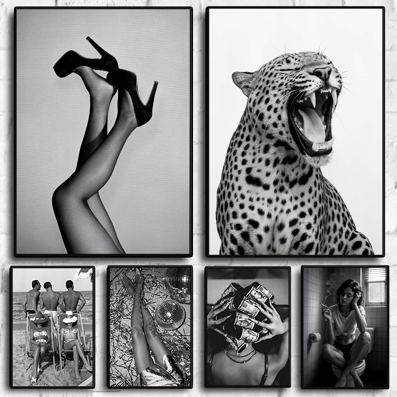 Vintage Vogue Fashion Poster - Stylowy Plakat Czarno-Biały Seksowna Kobieta Leopard