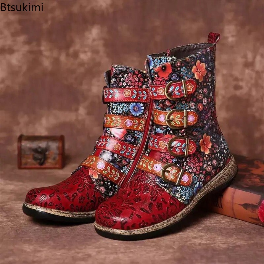 Vintage Fashion Fabrics - Damskie botki ze skóry w etnicznym