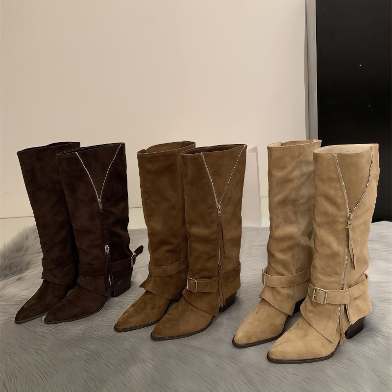 Vintage Fashion Boots - Damskie kozaki vintage ze skóry zamszowej,